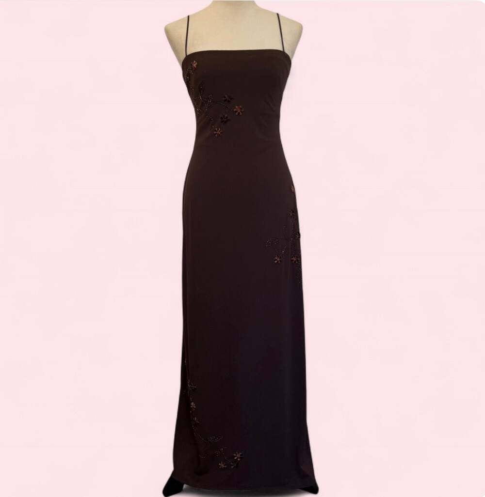 JS Boutique Vintage Y2K Chocolate Brown Beaded Floral Maxi Dress
